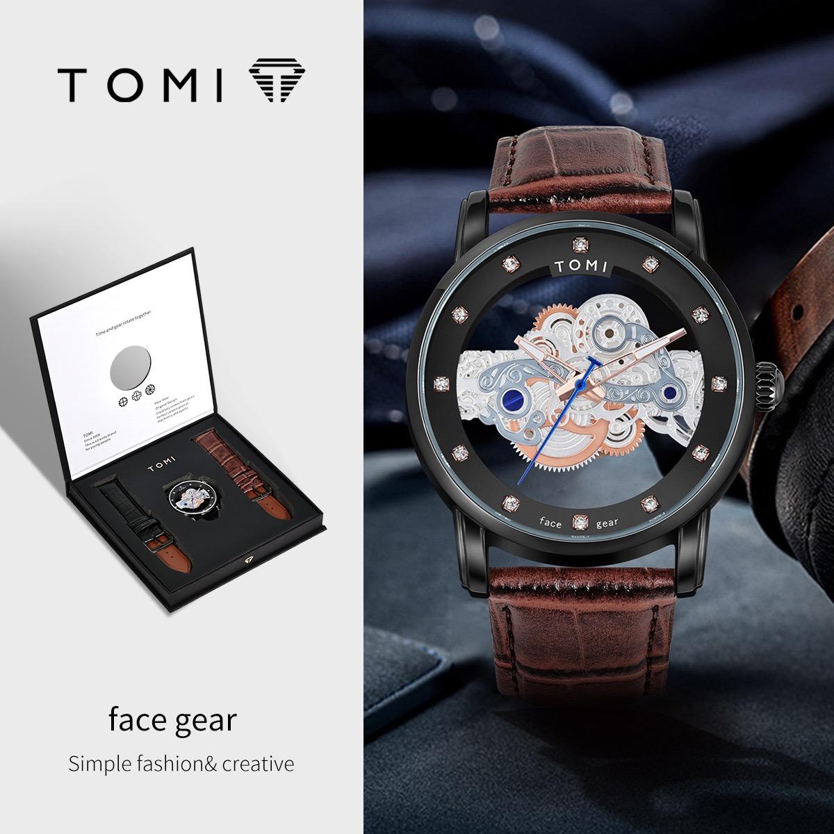 TOMI Face Gear Skeleton Dial Quartz Watch for Men with Premium Gift Box